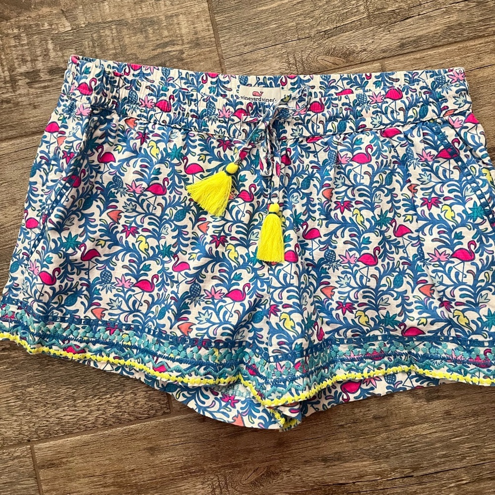 Vineyard Vines Pink & Blue Flamingo Print Shorts with Yellow Tassels